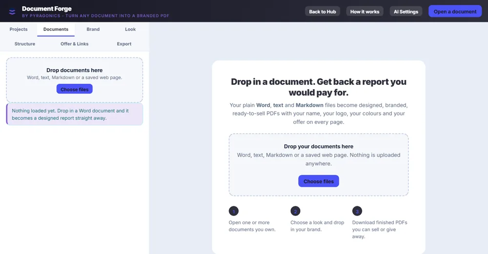 Document Forge interface: a document is dropped in on the left and a branded, ready-to-export report is composed on the right.